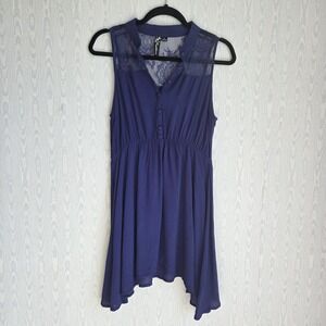 Feathers Mini Dress‎ Large Tunic Button Down Lace Sharkbite Hem Blue Boho Fairy